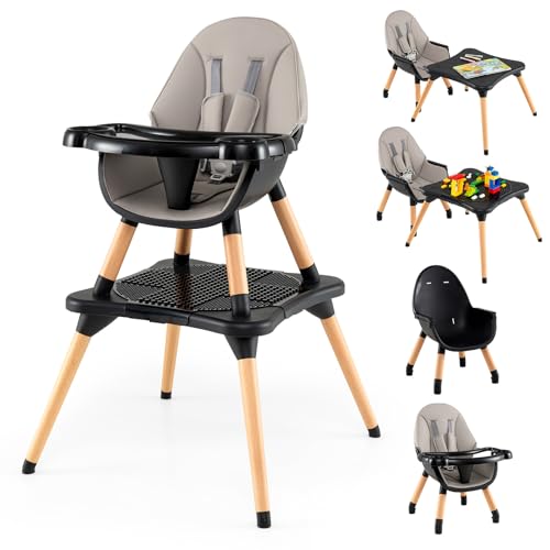 Image of GLACER High Chair, 6-in-1 Convertible Wooden High Chairs for Babies and Toddlers w/Building Block Table, 5-Point Safety Harness, Removable Tray, PU Cushioned Baby High Chair for 6-36 Months (Black)