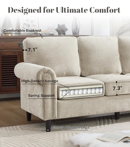Image of Kingfun 3 Seater Couch with Chair, Mid Century Modern Sofa Set with Rolled Arms and Deep Seats, Fluffy Comfort for Living Room, Apartment, Easy Assembly, Khaki