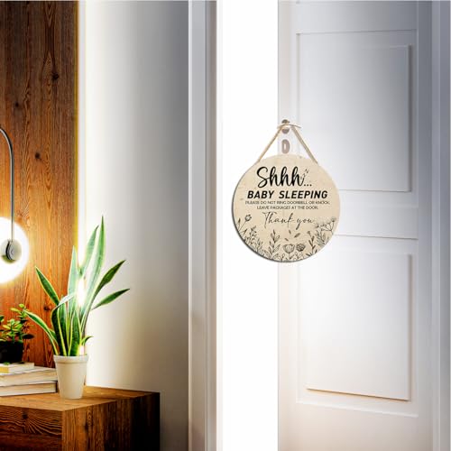 Image of Gwisml Baby Sleeping Sign for Front Door,Please Do Not Knock Or Ring Doorbell Wood Sign,No Soliciting Sleeping Baby Wood sign for House Nursery Door Knob Decor 2