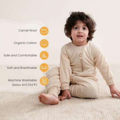 Image of kaiya baby Organic Cotton Sleep Sack with Feet,1.0 TOG Sleep Bag,18-36M | Safe Sleep Design, CPSC Tested, GOTS Certified, Organic Cotton & Camel Wool Filling, Temp Sensing Sticker, Two-Way Zipper