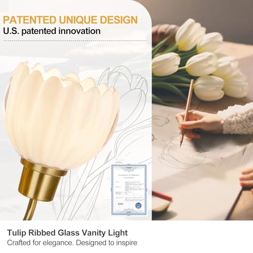 Image of Bathroom Light Fixtures, 3-Light Gold Vanity Light Fixtures with White Tulip Glass Shades, Bathroom Lighting Fixtures Over Mirror for Bedroom, Living Room & Hallway (Bulbs Not Included)