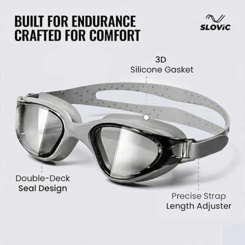 Image of SLOVIC Swimming Goggles for Men [Grey] | Swimming Goggles for Women | Anti-Fog & UV Protected Swimming Glasses for Men & Women | Unisex Swimming Accessories | Leaf-Proof Goggle with Adjustable Straps