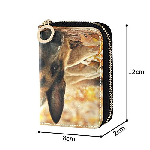 German Shepherd Dog Lies on Autumn Falling Foliage LeavesGrey Credit Card Coin wallet, RFID Blocking Compact Women Leather Card Holder, Key Change Organizer, Zipper Purse Clutch Pouch Pocket4