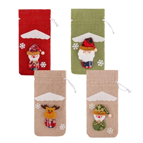 Sileduove 4 bolsas de botella de vino de Navidad, bolsas de botella de vino de Navidad para fiestas de vacaciones, bolsas de tela reutilizables con cordón