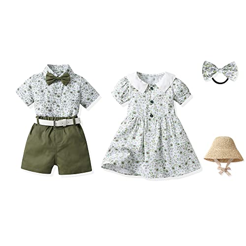 FAXSON Baby Boys Girls Brother and Sister Matching Outfits Clothes Floral Gentleman Shorts Set(Green-a boy,130/6 Years)