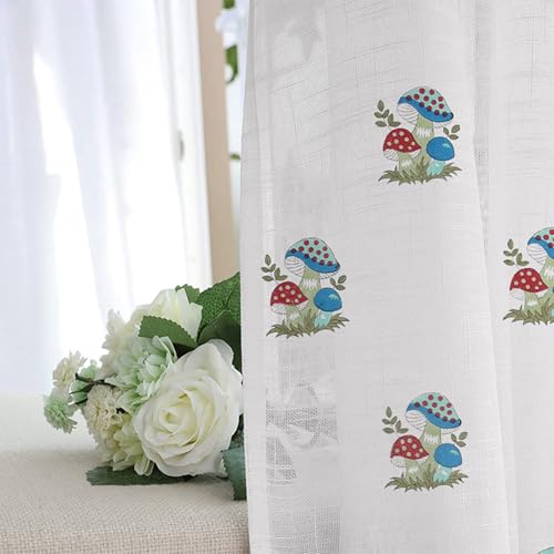 Image of LINENWALAS Printed Decorative Cotton Sheer Curtains 5 Feet Long Set of 2 Panel, Grommet Hanging, Mushroom Carnival Curtains for Children Room, Living Room, Home Decor (L-7 x W-4.5 Feet)