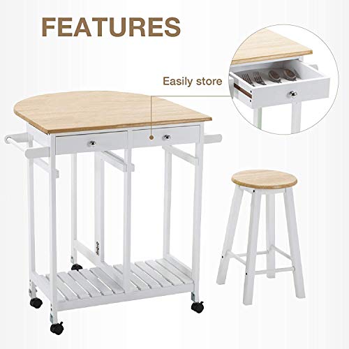 mecor Drop Leaf Cart, 3PCS Wood Kitchen Rolling Casters with 2 Stools and 2 Drawers White
