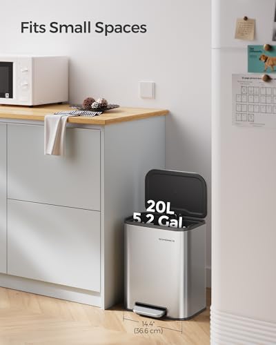 Image of SONGMICS Kitchen Trash Can, 5.2-Gallon (20L) Garbage Can with Lid, Stainless Steel, Soft Close and Stays Open, Inner Bucket, Wide Non-Slip Pedal, Metallic Silver ULTB542E20