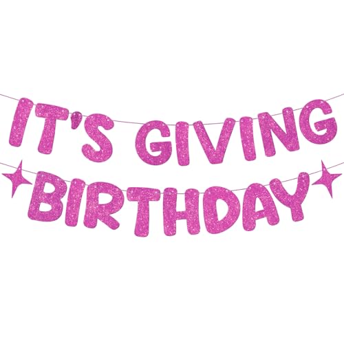 Image of Fulmoon Pre Strung It's Giving Birthday Banner Sparkle Glitter HBD Sign Sweet 16th, Preppy, Cute 21st Birthday Party Decorations Photobooth Backdrop(Hot Pink)