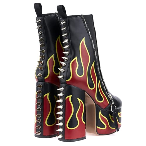 Detogni Women's Elastic Band High Heels Rivets Ankle Boots Ladies Flames Totem Metal Zipper Thick Heels Punk Booties（Black Us6） #TOP1
