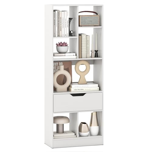 GIANTEX Bookcase with Drawer, 51" Tall Freestanding Storage Organizer with 7 Cubes, Multifunctional Open Bookshelf Display Rack with Anti-Tipping Kits for Living Room Home Office (White, 6-Tier)
