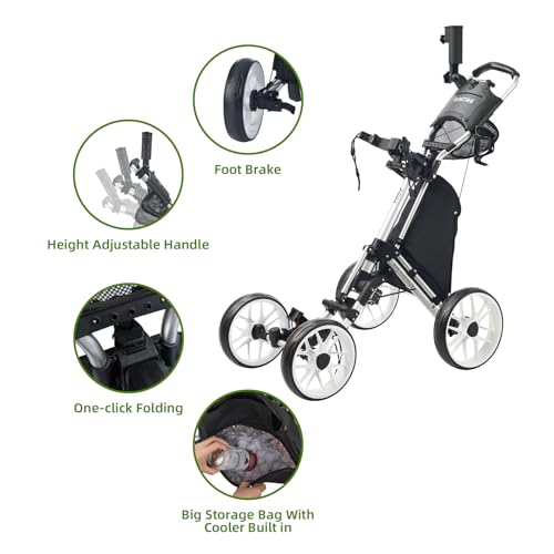 Image of Golf Push Cart 4-Wheels,Folding Golf Cart, Golf Pull cart with Cup Holder,Umbrella Holder,Cooler Bag, Foldable with one-Click,Handle Height Adjustable,Drink Holder,Walking Push cart