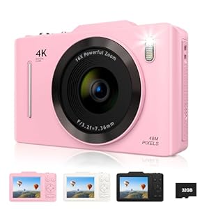 Digital Camera, FHD 4K 48MP Point and Shoot Digital Camera for Kids with 16X Zoom, 32GB Card, Anti-Shake, Compact Small Camera for Teens Boys Girls Beginner Kids Gift