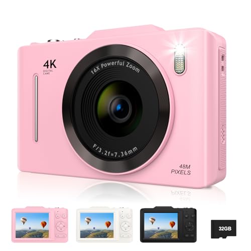Digital Camera, FHD 4K 48MP Point and Shoot Digital Camera for Kids with 16X Zoom, 32GB Card, Anti-Shake, Compact Small Camera for Teens Boys Girls Beginner Kids Gift