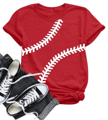 Baseball Shirt Women Baseball Love Graphic Tees Funny Baseball Mom T Shirt Game Day Short Sleeve Tops Red