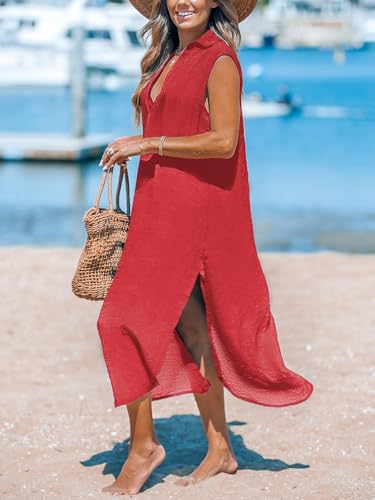 Image of CUPSHE Women's Swimsuit Coverup Casual Sleeveless Side Split Long Cardigans V Neck Midi Beach Dress