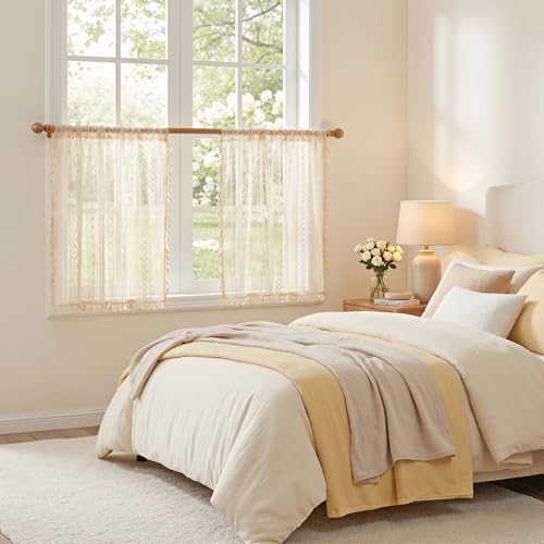 Image of MYSKY HOME Beige Lace Tier Curtains 36 Inch Length 2 Panels Kitchen Cafe Sheer Short Boho Half Country Rod Pocket Curtains for Small Windows Basement Bathroom, 34 inch Wide Each Panel