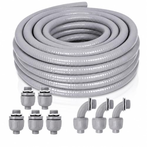 Feotech Liquid-Tight Conduit and Connector Kit - 1/2 Inch 25 FT Non Metallic Liquid Tight Electrical Conduit with 5 Straight and 5 Angle Fittings