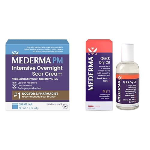 Mederma Scar Treatment Bundle - PM Intensive Overnight Scar Cream (1.7 Oz) and Quick Dry Oil for Scars & Stretch Marks (2.02 Oz)