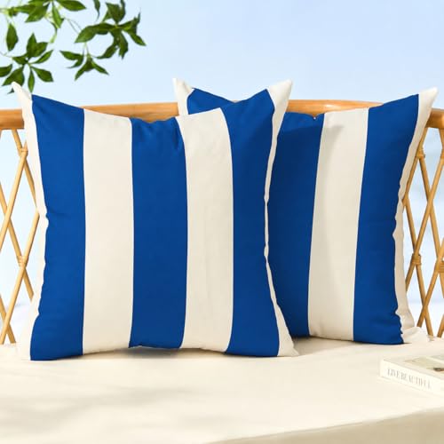 Image of Allorry Outdoor Pillow Covers 16x16 Set of 2 Royal Blue Striped Decoration Throw Pillow Covers for Spring Summer Outdoor Waterproof Garden Patio Furniture Sofa Bed Home Decor JB007-N16