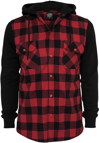 Urban Classics Herren Regular Fit Freizeit Hemd Hooded Checked Flanell Sweat Sleeve Shirt, Gr. Small, Mehrfarbig (blk/red/bl 283)