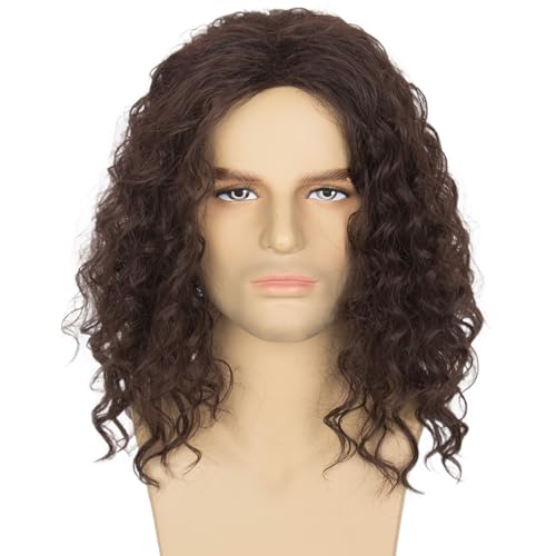 Miss U Hair 80s Mens Rock Star Wig Middle Part Curly Brown Hair Funny Disco Costume Party Wigs