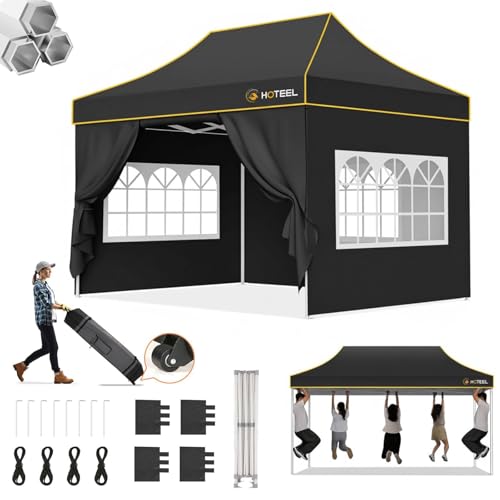 Image of Hoteel Gazebo, 3 x 4.5 cm, Waterproof, Stable, Winterproof, Reinforced Folding Gazebo with Hexagonal Tube Frame, Anti-UV Party Tent, Foldable Garden Gazebo for Markets, Carry Bag with Wheels, 4 Sand