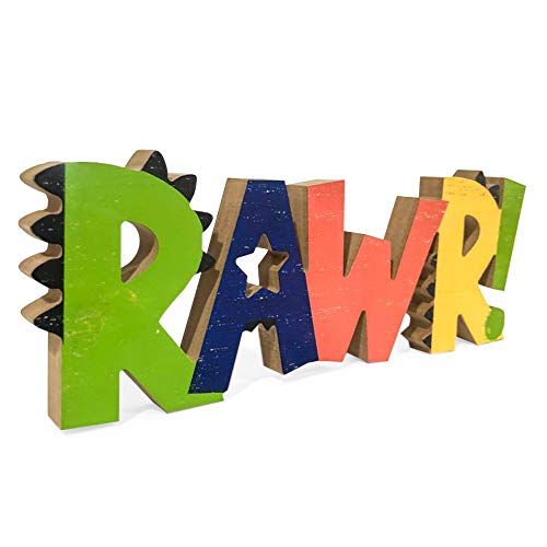 Image of HnJOY Rawr Dinosaur Room Wood Decor for Boys - Kids Decorations for Bedroom - Boys Nursery Room Wooden Wall Decor, Birthday Decoration Dinosaur Theme - Freestanding Multicolor Tabletop 13.7"