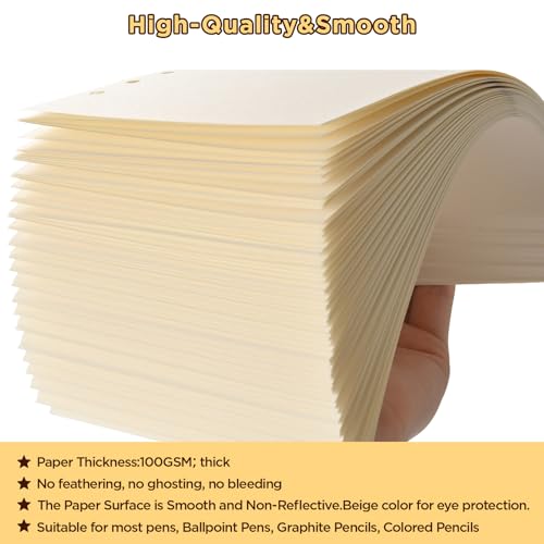 A5 6-Loch Blanko Loseblatt-Papier, Beige – Nachfüllseiten für Standard A5 6-Ring-Ordner, Journale, Planer – Beschreibbar auf beiden Seiten – keine Durchschrift – 80 Blatt