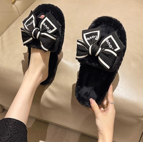 Fuzzy Bow Slippers for Women Winter Bedroom Warm Slippers with Anti-Skid Sole Cozy House Home Open Toe Shoes3