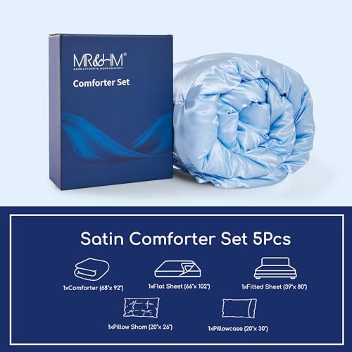 MR&HM Satin Comforter Twin XL 5 Pieces - Luxurious Pinch Pleat Bedding Set with Comforter, Flat Sheet, Fitted Sheet, Pillowcase & Sham, Super Silky Soft Bed Set for All Season (Twin XL, Light Blue)