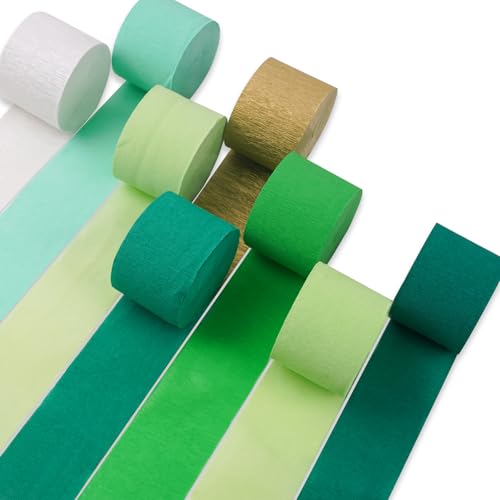 Image of PartyWoo Green Crepe Paper Streamers 8 Rolls 656 ft Pack of Dark Light Lime Green and Metallic Gold Crepe Paper for Graduation Jungle Forest Birthday Party Decorations (1.8 Inch x 82 Ft /Roll)