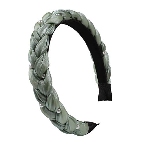 Twist Pearl Headband for Women - Vintage Wide Chiffon Headbands Knotted Alice Hair Band, Braided Elastic Non-slip Ribbon Hairband (Mint Green)