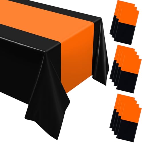 Image of Oudain 12 Pcs Plastic Table Cloths Disposable 54 inch x 108 inch, Orange, Black | Rectangle Table Cover, Waterproof Tablescloths for Back to School Wedding Baby Shower Birthdays Party Decoration