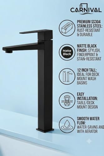Image of Carnival SS-304 12 inch Inch Matte Black Pillar Cock Tap for Wash Basin | Square Tall Cold Water Basin Tap | SS304 Stainless Steel | Table Mount /Deck Mount Installation | Black Matte Finish