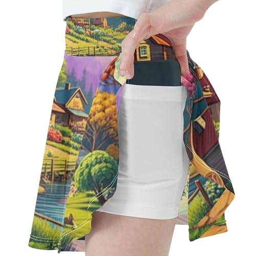 Joisal Skirts with Shorts Colorful Countryside Village Scene Girls' Shorts Athletic Skorts Neon Little Girl 4t 6