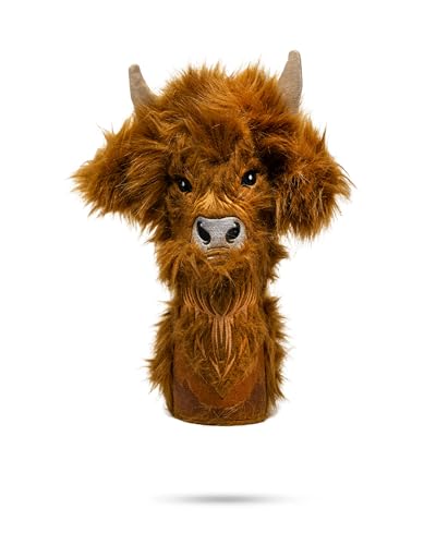 Pins & Aces Highland Cow Head Cover – Premium, Hand-Made Leather Headcover with Plush Design – Cute, Farm-Inspired Animal Theme – Tour Quality Golf Club Cover – Customize Your Bag (Fairway)