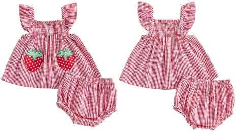 Baby Girl Summer Clothes Strawberry Cherry Ruffle Dress Tops Shorts Sets Bow Flower Bloomers Infant Newborn Outfit (03 Strawberry Red, 0-3 Months) — view 5