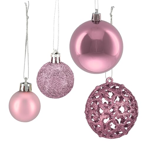 Relaxdays Weihnachtskugeln 50er Set, glitzernde, Matte & glänzende Christbaumkugeln, Kunststoff, ∅ 3, 4 & 6 cm, rosa