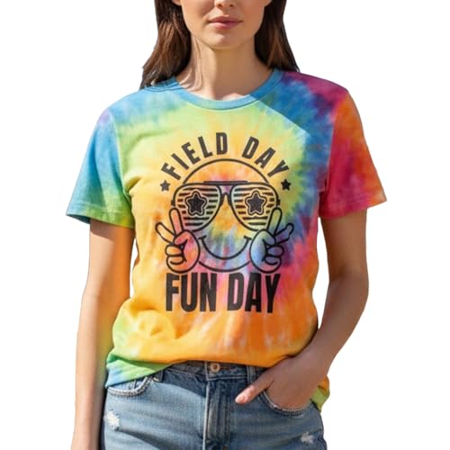 CQF Field Day Shirts for Women Field Day Teacher T-Shirts Colorful Fun Day Digital Tie-dye Tee