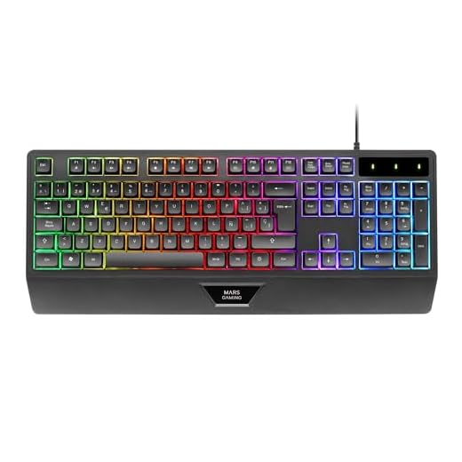 Mars Gaming MK124, Teclado Ergonómico H-Mech, Reposamuñecas Integrado, Iluminación FRGB Rainbow, Teclado Gaming Antighosting Avanzado, Teclado PC Completo Multiplataforma, Idioma Español, Negro