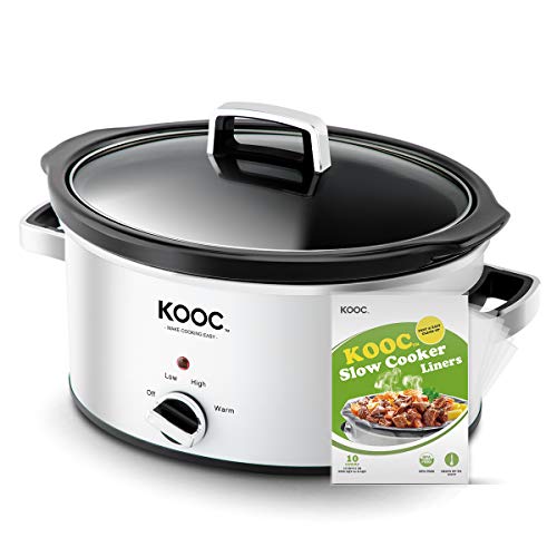 NEW KOOC Slow Cooker 5-Quart Larger than 4 Quart Free Liners Included for Easy Clean-up Upgraded Crock Pot Adjustable Temp Nutrient Loss Reduction Stainless Steel White Oval