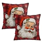 Wnoesat Santa Claus Christmas Pillow Covers 18x18 Set of 2 Red and Black Buffalo Plaid Xmas Snowflakes Farmhouse Decorative Outdoor Throw Pillows Winter Holiday Cushion Case for Sofa Couch