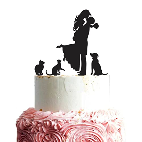 Arthuryerkes Family Wedding Cake Topper 2 Cats and Dog Cake Toppers with Two Cats Couple Silhouette Cake Toppers Bride and Groom Kissin Silhouette