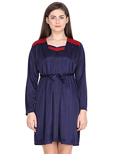 Image of Klamotten Satin Nighty and Robe Two Piece Navy Blue Women Nightdress