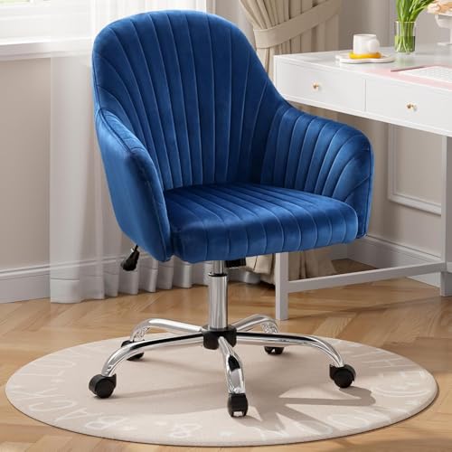 Image of AZAKEE Velvet Office Chair with Wheels & Armrests - Mid-Back Swivel Desk Chair for Home Office, Study, Bedroom & Vanity - Adjustable Height, Comfortable & Stylish (Blue)