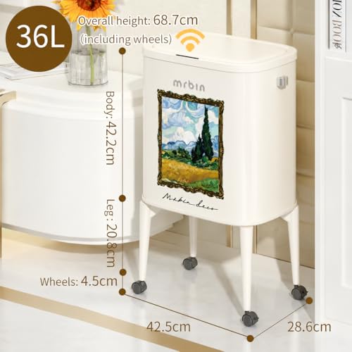 Image of MRBIN Metal Motion Sensor Kitchen Trash Can with Wheel Legs, 36L / 9.5gal Slim Waste Basket with Lid, Pet Proof Tall Narrow Garbage Pail for Vanity, Living Room, Bathroom, Bedroom, Wheatfield