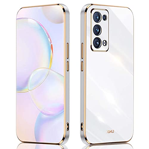 QIYIN Coque pour Oppo Reno 6 Pro 5G/Reno6 Pro 5G, Housse Silicone Coloré Case Protégez la Caméra, Étui Ultra-Fin Antichoc pour Femme Cover avec Cadre Doré (Blanc) Cover
