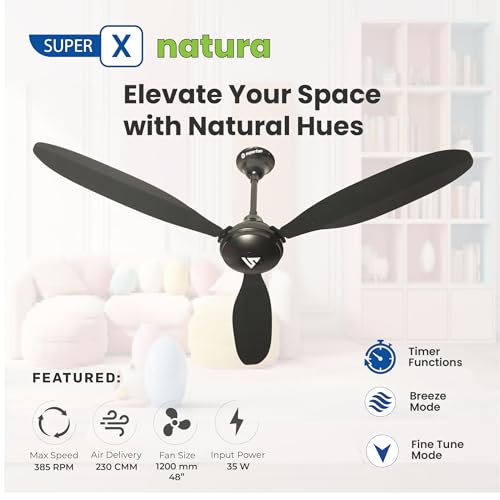 Image of Superfan Super Natura BLDC Ceiling Fan 1200mm | 35W 5 Star | 385 RPM 230 CMM High Speed | Remote Control | 5 Year Warranty | Energy Saving | 90-300V Wide Voltage (Black)