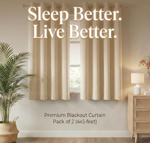 Image of VAS COLLECTIONS 100% Blackout Door Curtains, 5 Feet (121 x 152 cm) Set of 2, Plain, Thermal Insulated, Room Darkening Curtains for Living Room, Bedroom (Cream)